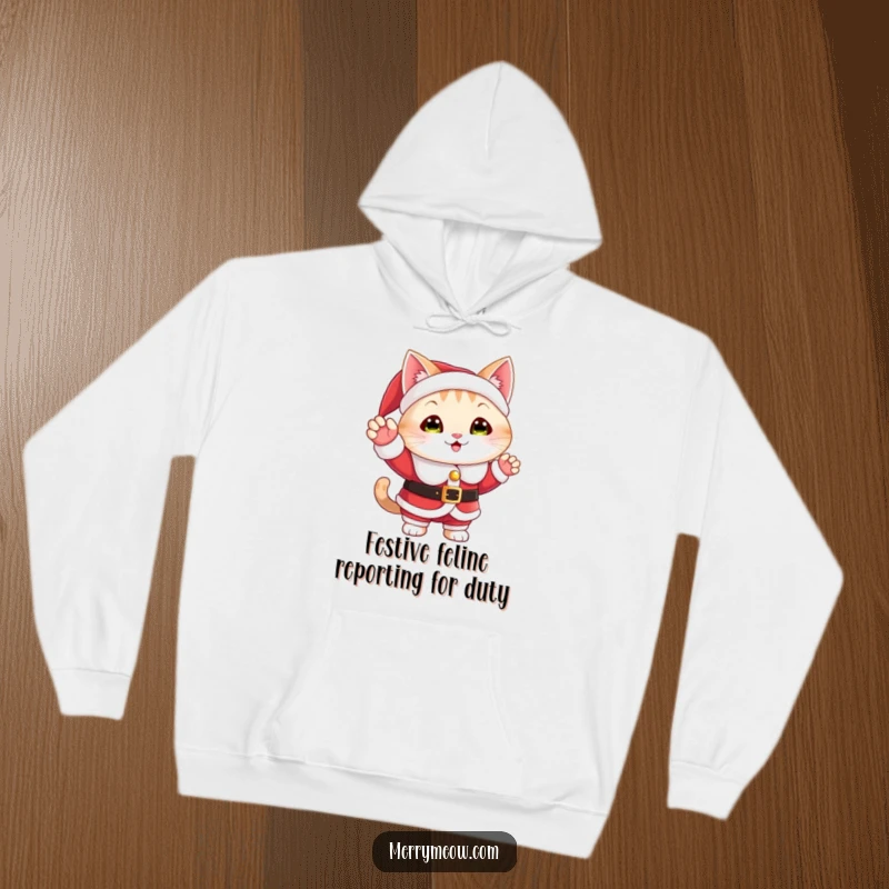 Funny Christmas hoodie with a cat wearing a Santa suit and giving a cheerful wave, perfect for cozy holiday wear.