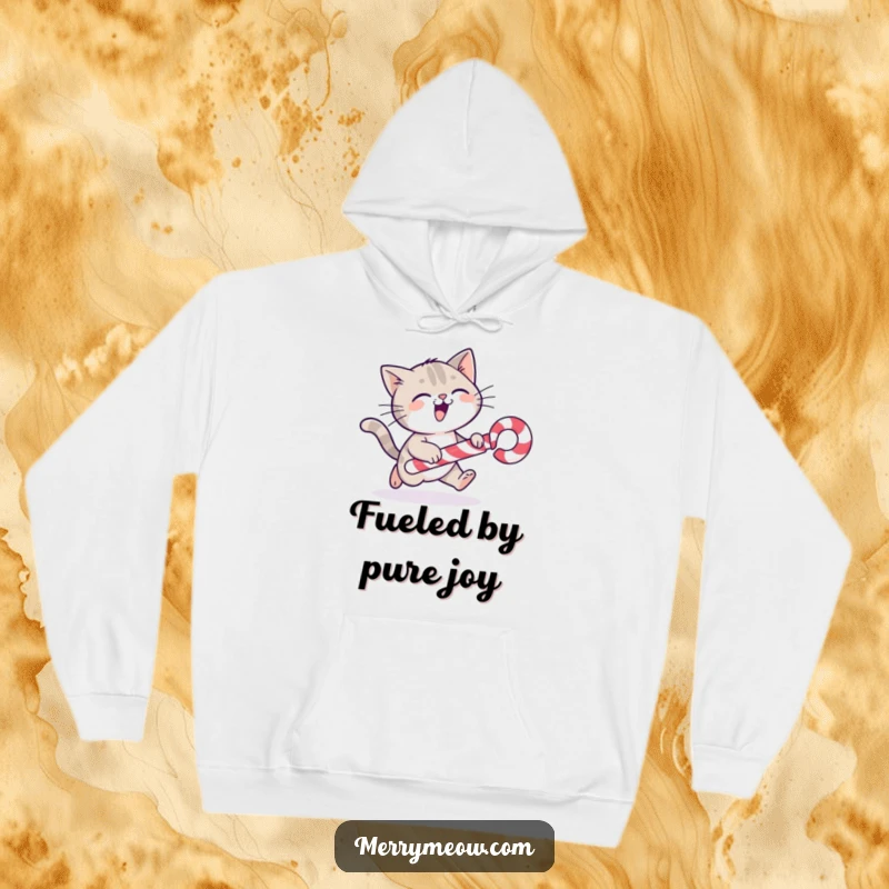 Funny cat character gleefully pursuing a rolling candy cane, depicted on a warm and plush hoodie.