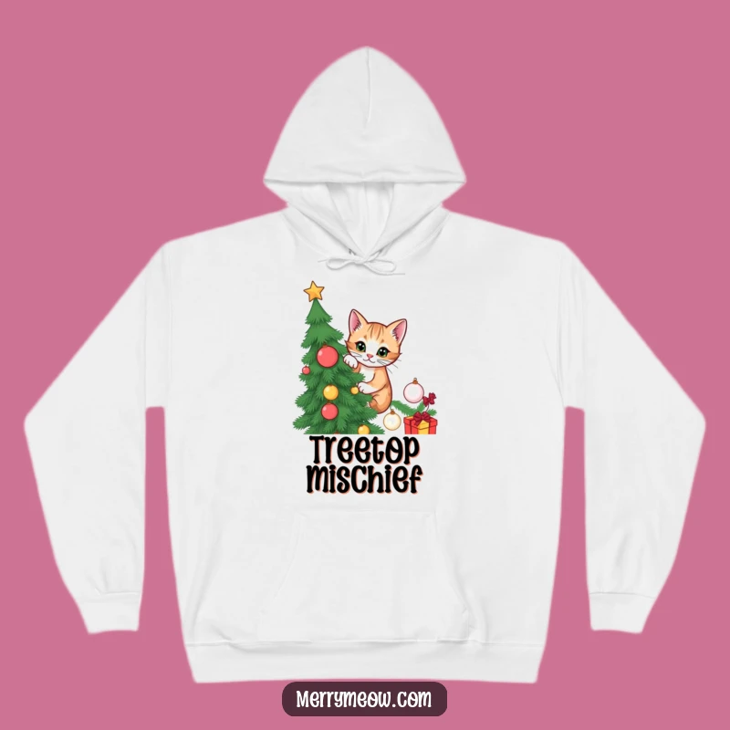 Funny Cat Christmas Tree Hoodie: Cozy up with this mischievous climber, a warm and funny gift.