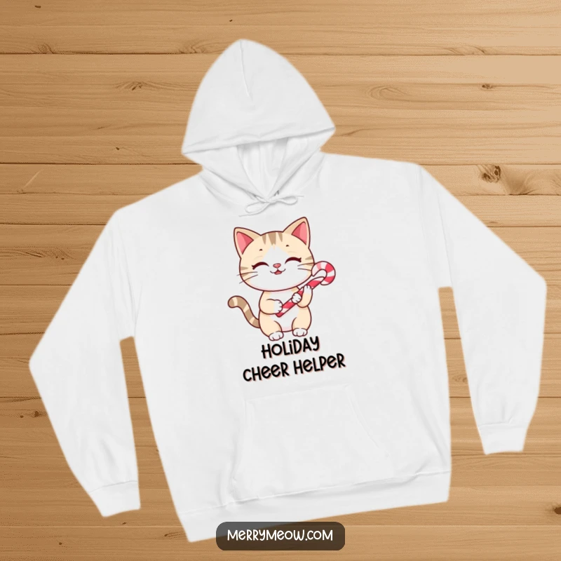 Funny Hoodie: A cheerful cat holding a tiny candy cane, embodying the spirit of holiday sweetness.