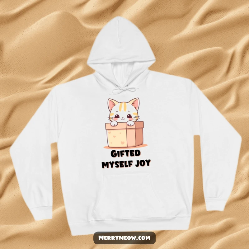 Funny Hoodie: A happy cat with a big smile peeks out from a gift box, embodying joy and excitement.