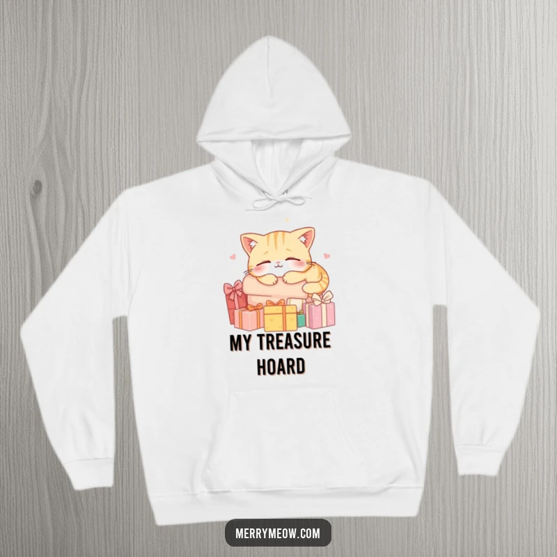 Funny hoodie showcasing a cat character blissfully napping on a pile of presents, radiating cozy holiday contentment.