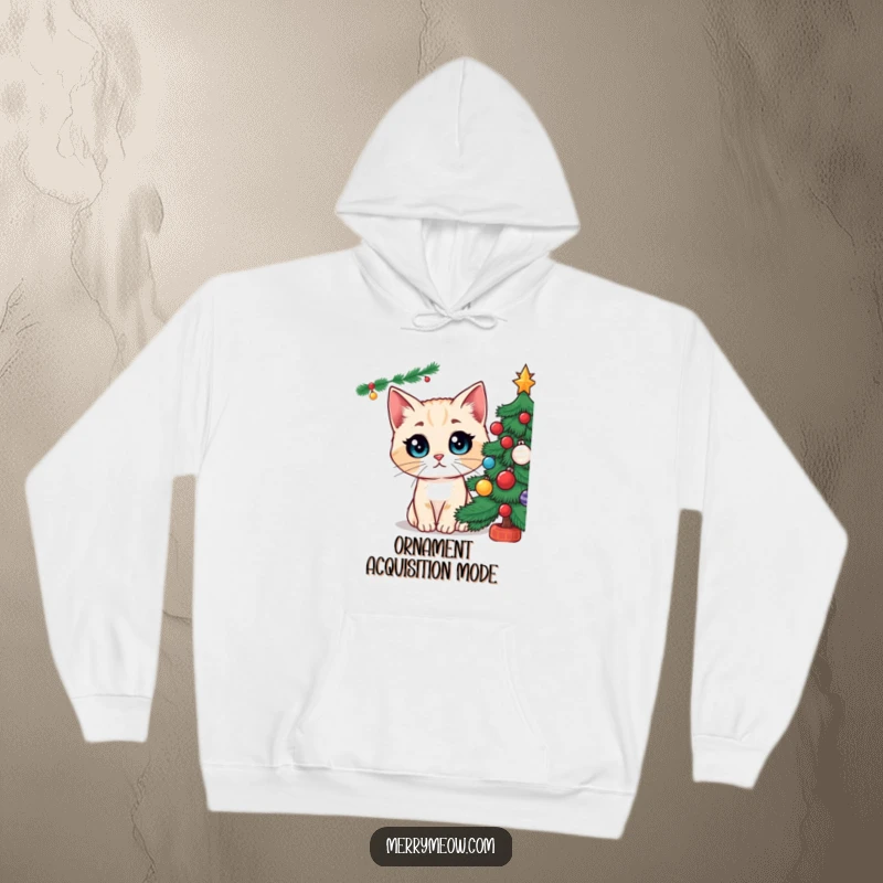 Funny hoodie showcasing a cat with enormous, curious eyes gazing with wonder at a vibrant, ornament-filled Christmas tree, radiating festive enchantment.