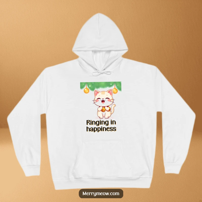 Funny Kawaii Cat Hoodie featuring a cute cat with jingle bells attached to its tail, wagging happily, embodying festive fun.