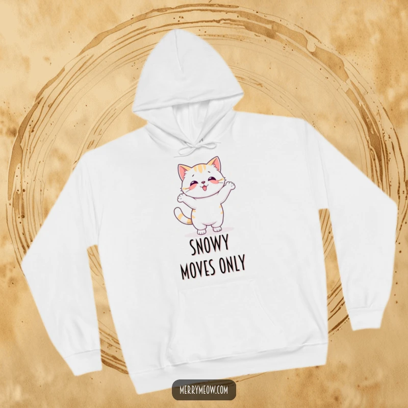 Funny Kawaii Cat Hoodie featuring a cute cat doing a silly dance amidst a flurry of snowflakes, embodying winter fun.