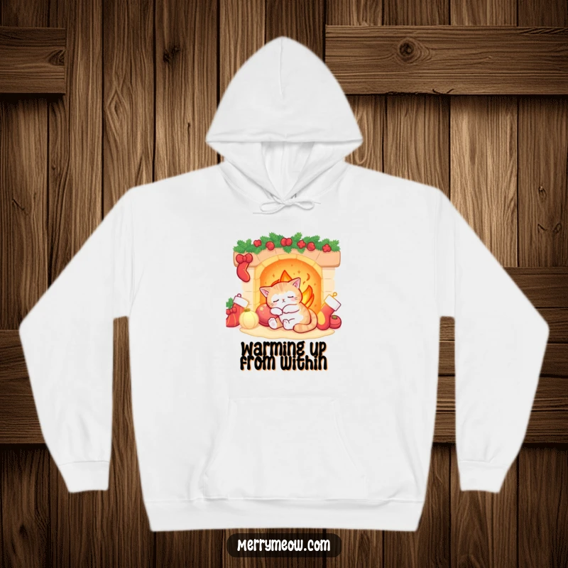 Funny sleepy cat dozing by a cozy fireplace with festive stockings, depicted on a warm and plush hoodie.