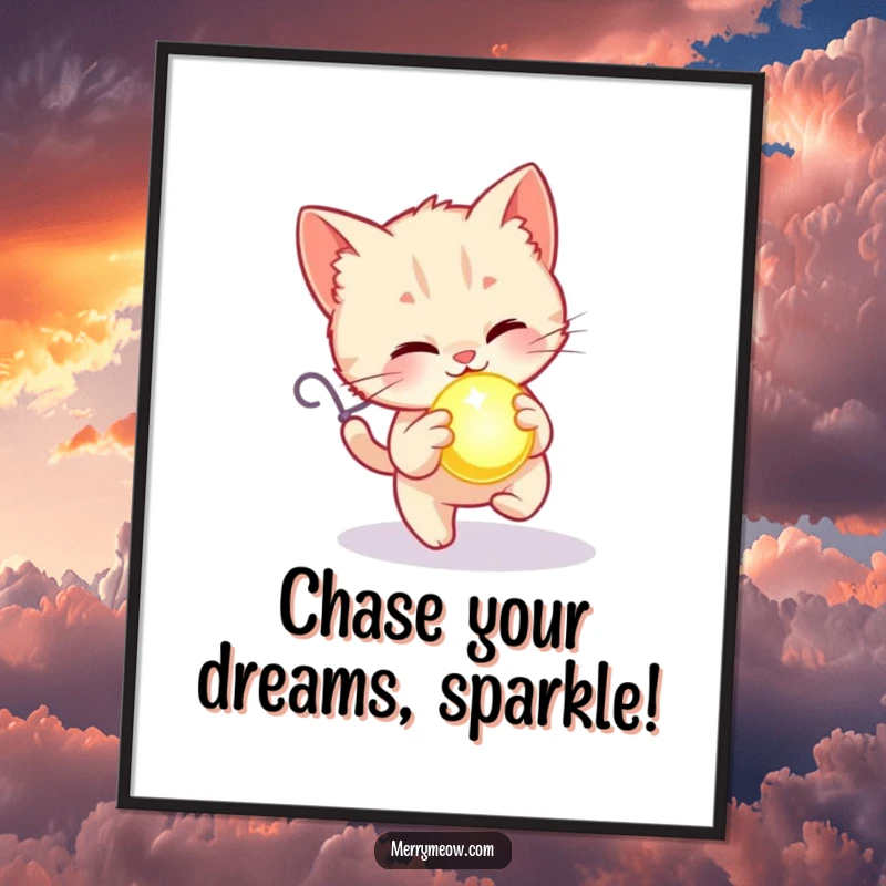 Free Printable Kitten Wall Art: A cute kitten joyfully chases a brightly glowing, magical ornament.