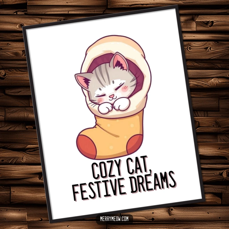 Funny Free Printable Wall Art: Comfortable purring cat curled inside a whimsical stocking, radiating warmth. Great decor.