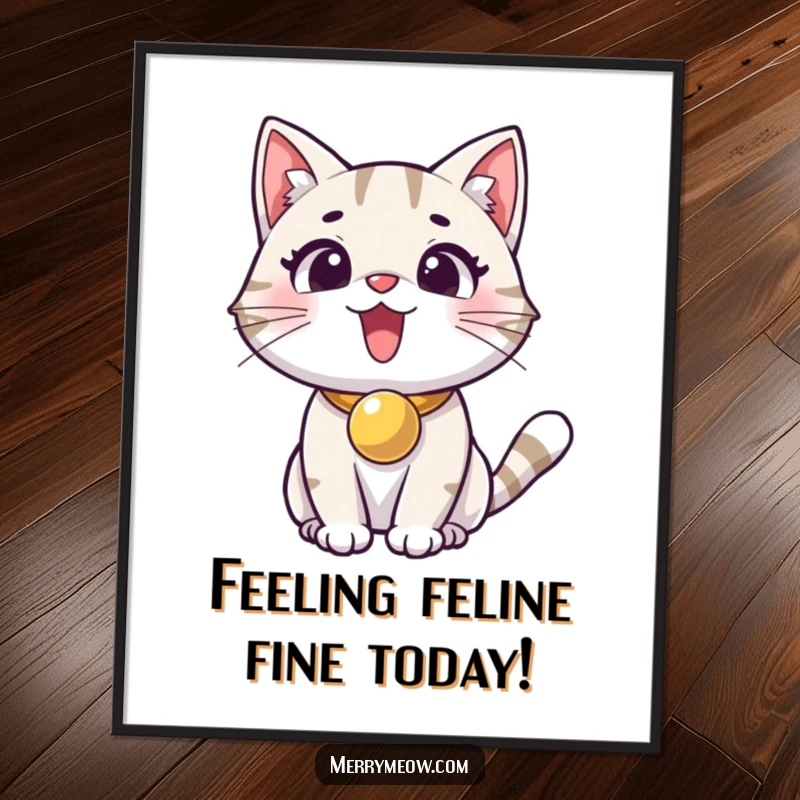 Free Printable Excited Cat Wall Art: A joyful cat with a jingle bell collar looks excitedly forward.