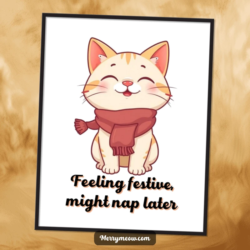 Funny Free Printable Wall Art: A cat in a festive scarf caught in a fit of giggles, perfect for adding whimsy.