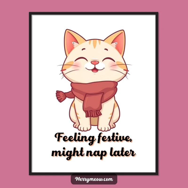 Free Printable Wall Art: Giggling Cat Festive Scarf - Funny Downloadable Decor Gift