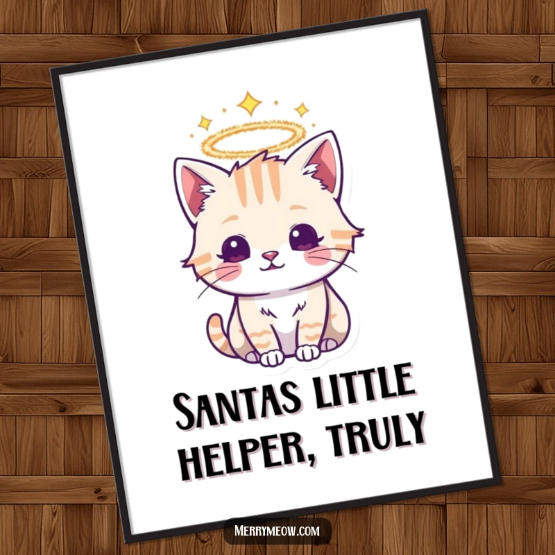 Funny Free Printable Wall Art: A cat character with a shimmering tinsel halo, exuding divine and humorous charm.