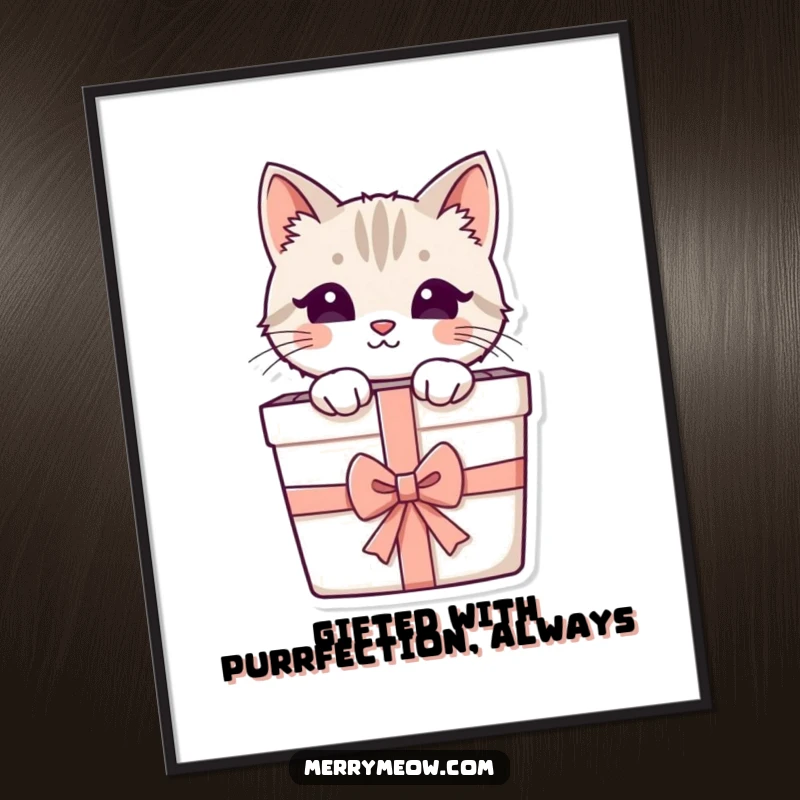 Funny Free Printable Wall Art: A cute cat character peeking from a gift box with a ribbon, adding playful charm.