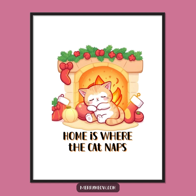 Free Printable Cat Wall Art: Cozy Fireplace, Funny Downloadable Decor