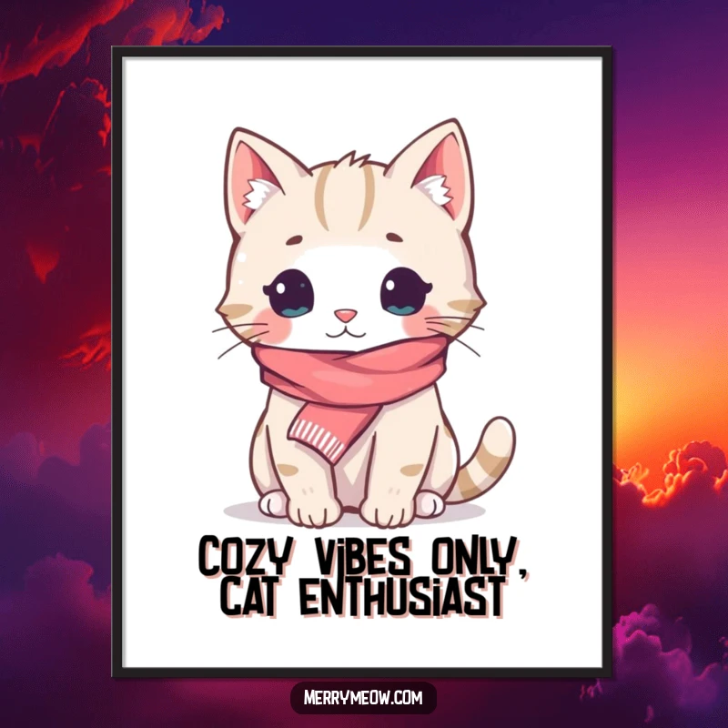 Funny Free Printable Wall Art: A cat in a tiny scarf looking incredibly cozy, perfect for adding warmth to any room.