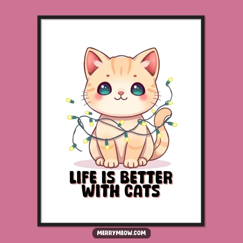 Free Printable Kawaii Cat Art: Tangled Lights Downloadable Decor