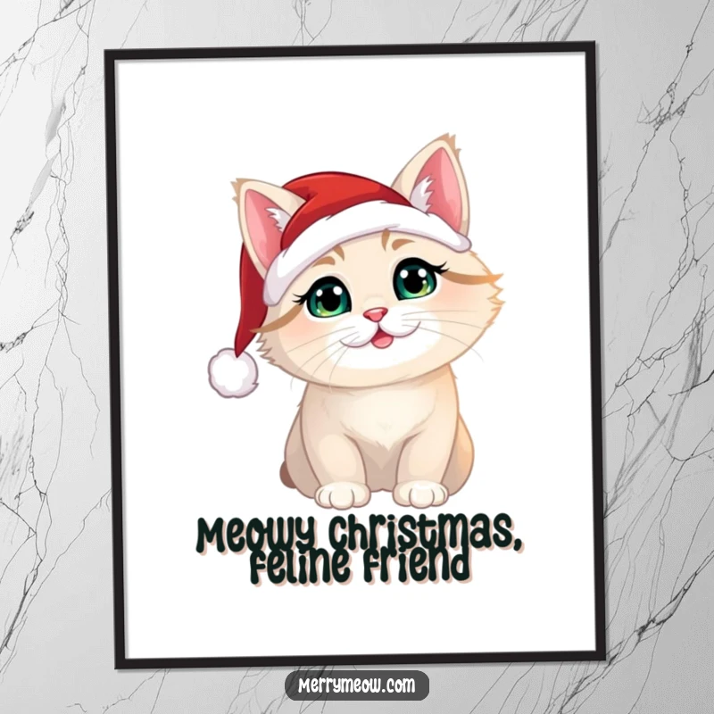 Funny Free Printable Wall Art: A Christmas cat character wearing a tiny Santa hat, bringing festive and humorous holiday cheer.
