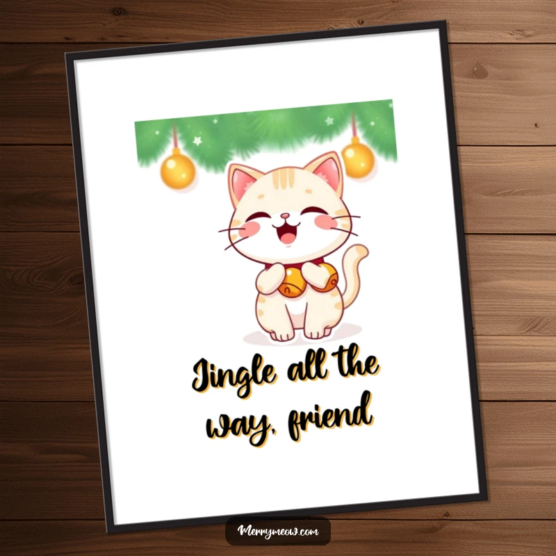 Funny free printable wall art, a kawaii cat with jingle bells on its tail, wagging happily with festive spirit.