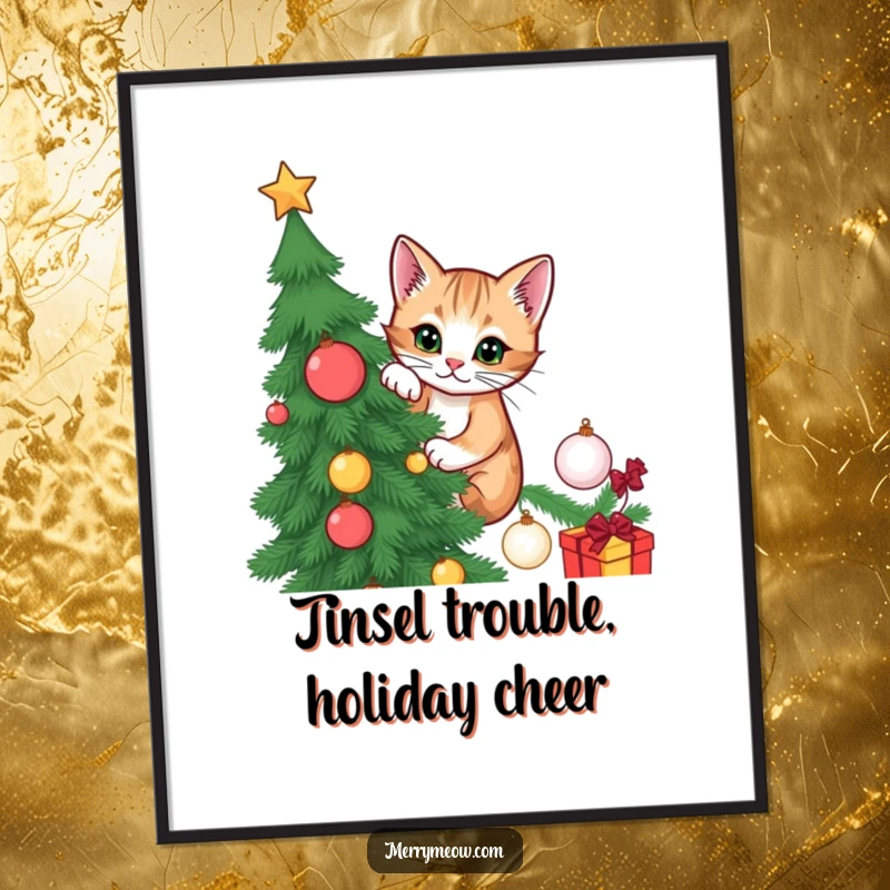 Funny Free Printable Wall Art: Mischievous cat sneakily climbing a decorated Christmas tree. Hilarious holiday decor.