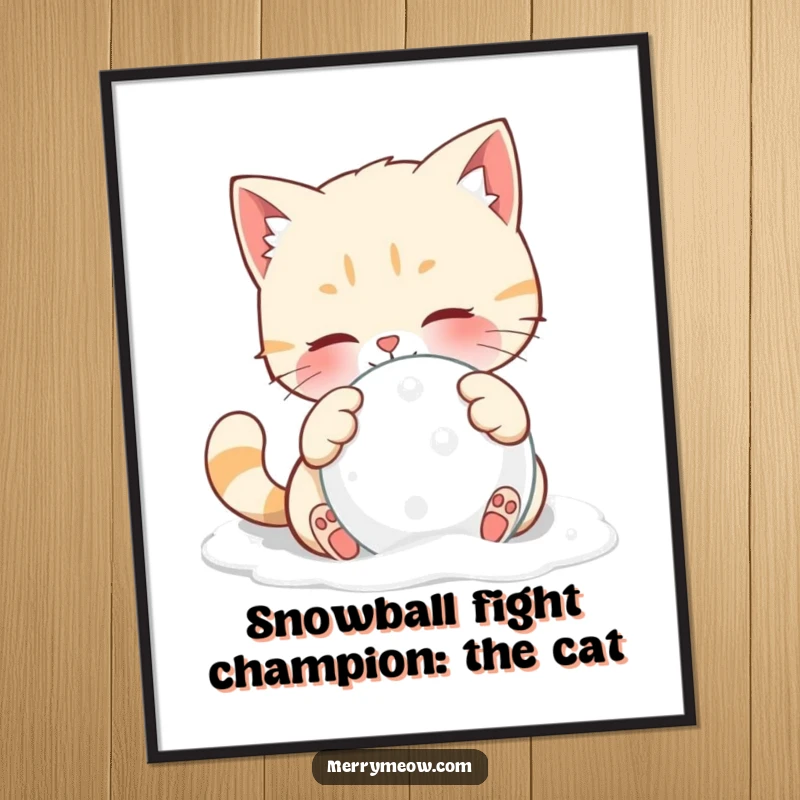 Cute Free Printable Wall Art: An energetic cat joyfully batting a snowball in a wintery scene.