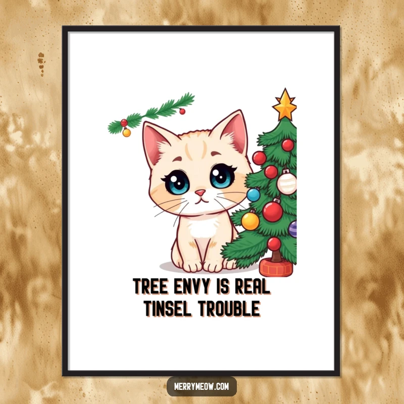 Funny Free Printable Wall Art: Cat with exaggerated wide eyes staring at a Christmas tree, whimsical decor.