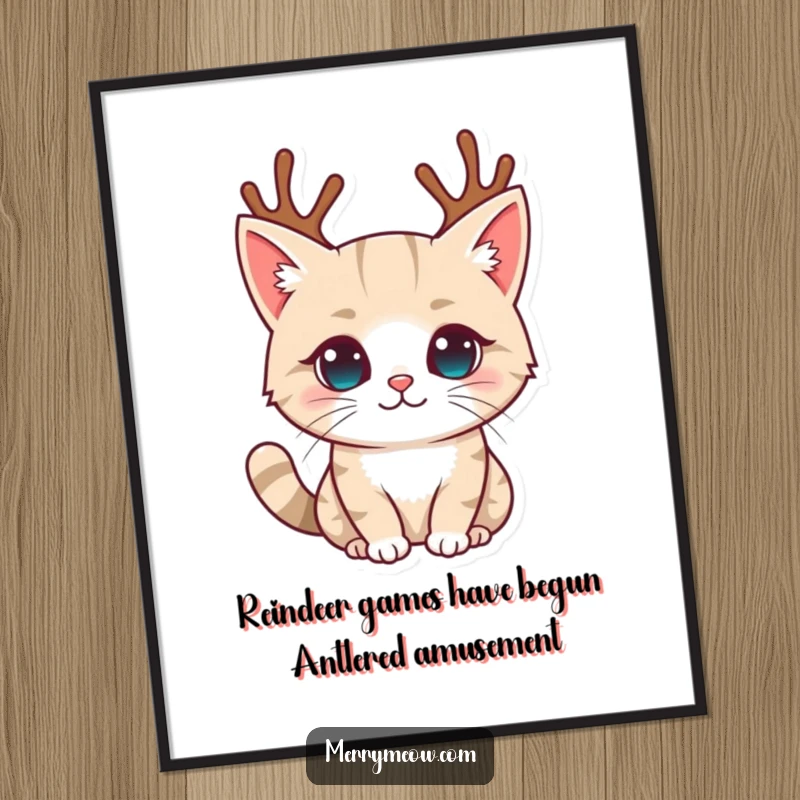 Funny Free Printable Wall Art: A cat sporting tiny reindeer antlers, whimsical holiday-themed decor.