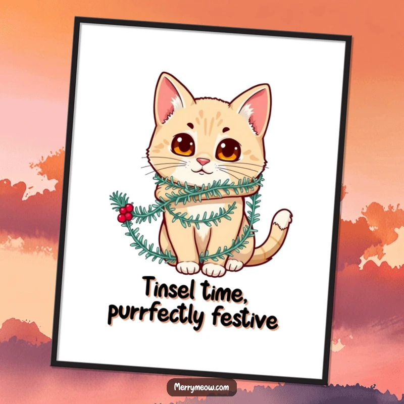 Funny Free Printable Wall Art: A cat humorously wrapped in shiny, festive tinsel, creating a quirky holiday scene.