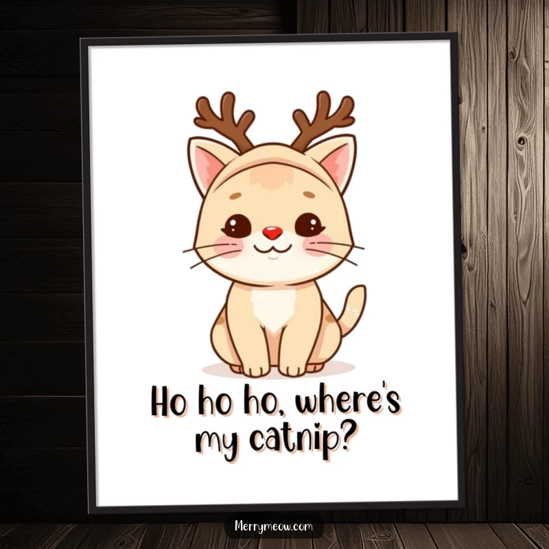 Funny free printable wall art featuring a playful cat in a reindeer costume, sporting a bright red nose, ready to deck the halls.