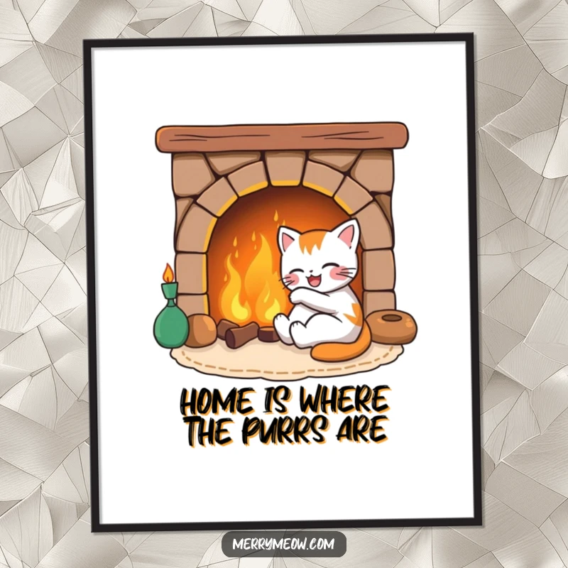 Funny Free Printable Wall Art: Joyful cat curled up serenely by a warm, inviting fireplace, perfect for cozy spaces.