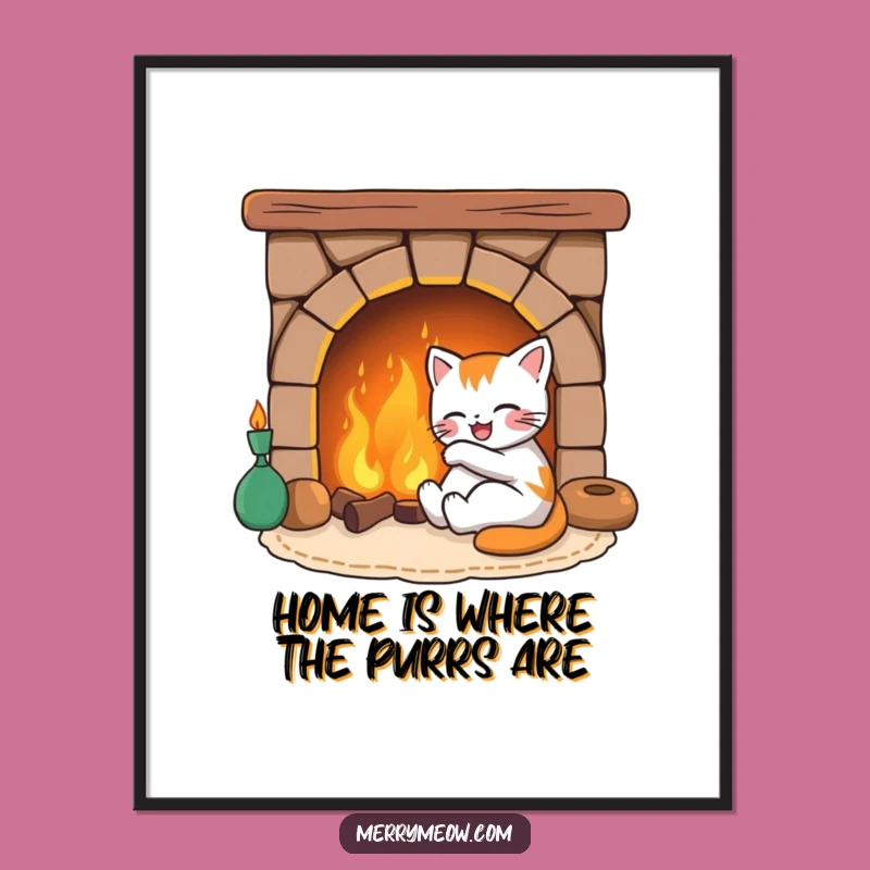 Free Printable Wall Art: Cozy Cat by Fireplace - Funny Downloadable Decor Gift
