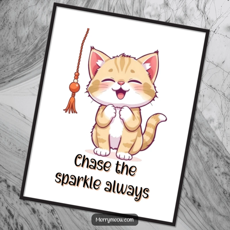 Funny free printable wall art of a playful kitten batting gleefully at a dangling strand of festive tinsel.