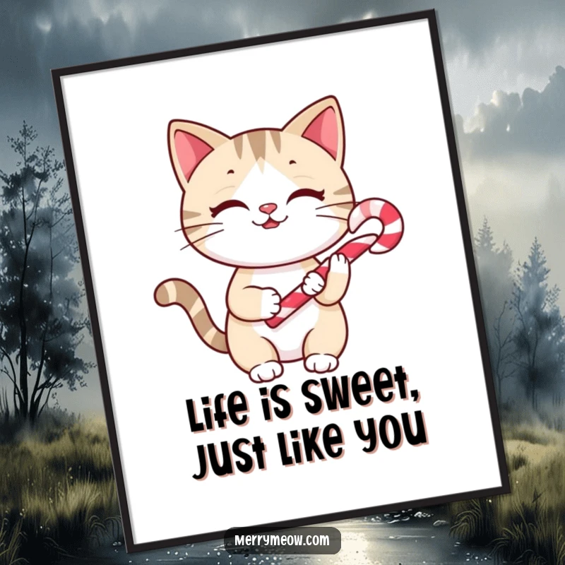Funny Free Printable Wall Art: Cheery cat holding a tiny candy cane, adding a sweet and joyful touch.
