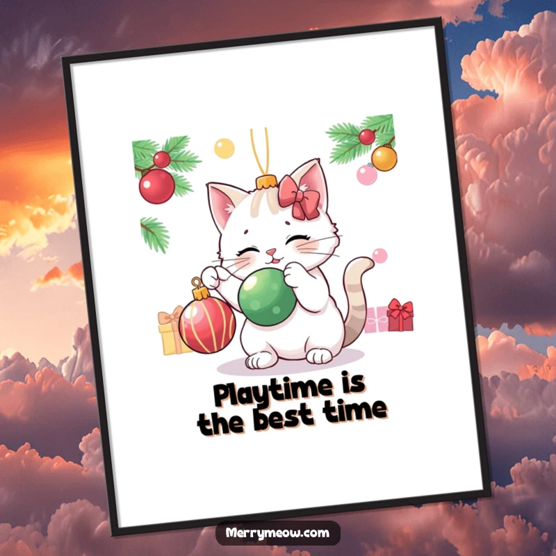 Funny Free Printable Wall Art: A cat character playfully bats at a shiny Christmas ornament with excitement.