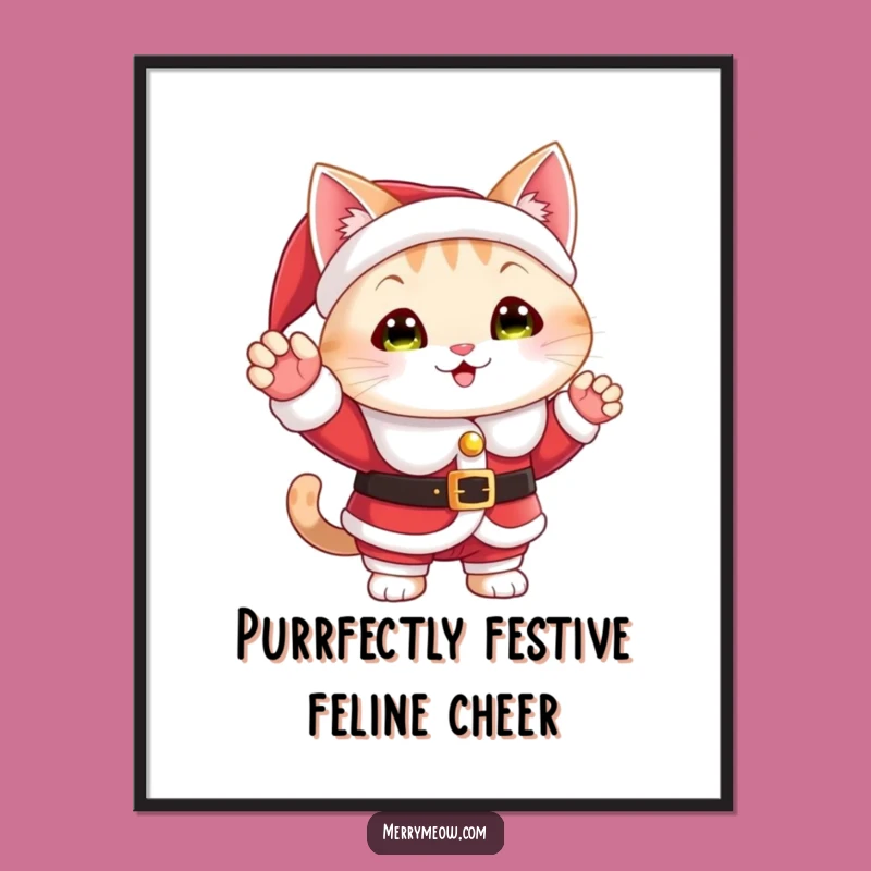 Free Printable Funny Cat Santa Wall Art - Adorable Waving Kitty Downloadable Decor
