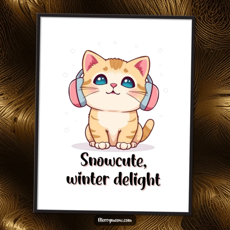 Funny Free Printable Wall Art: Cat wearing earmuffs, looking delighted by falling snowflakes. Whimsical winter decor.