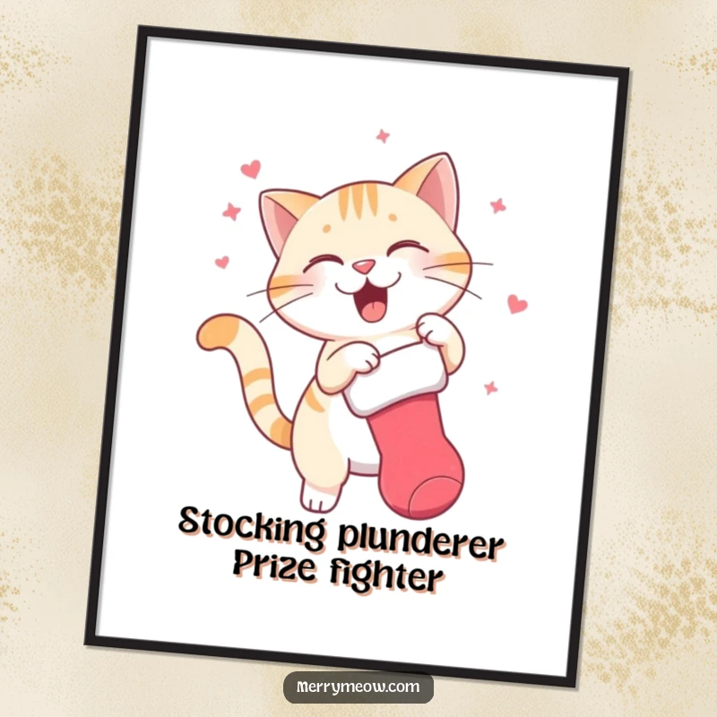 Funny Free Printable Wall Art: Cat gleefully swatting a dangling Christmas stocking, playful holiday decor.