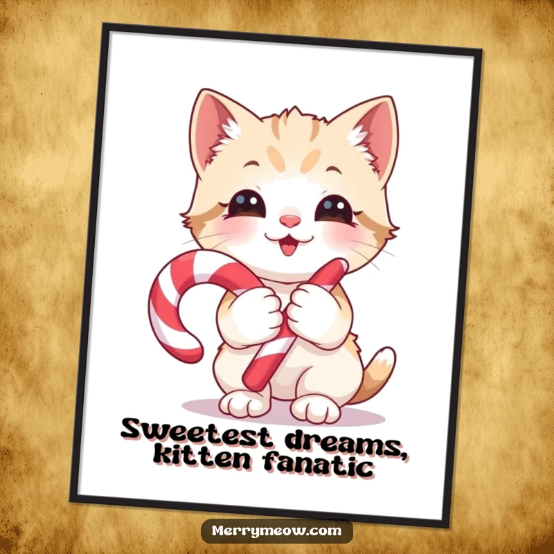 Funny Free Printable Wall Art: A kitten bursting with glee, holding a candy cane, ready to spread cheer and holiday vibes.