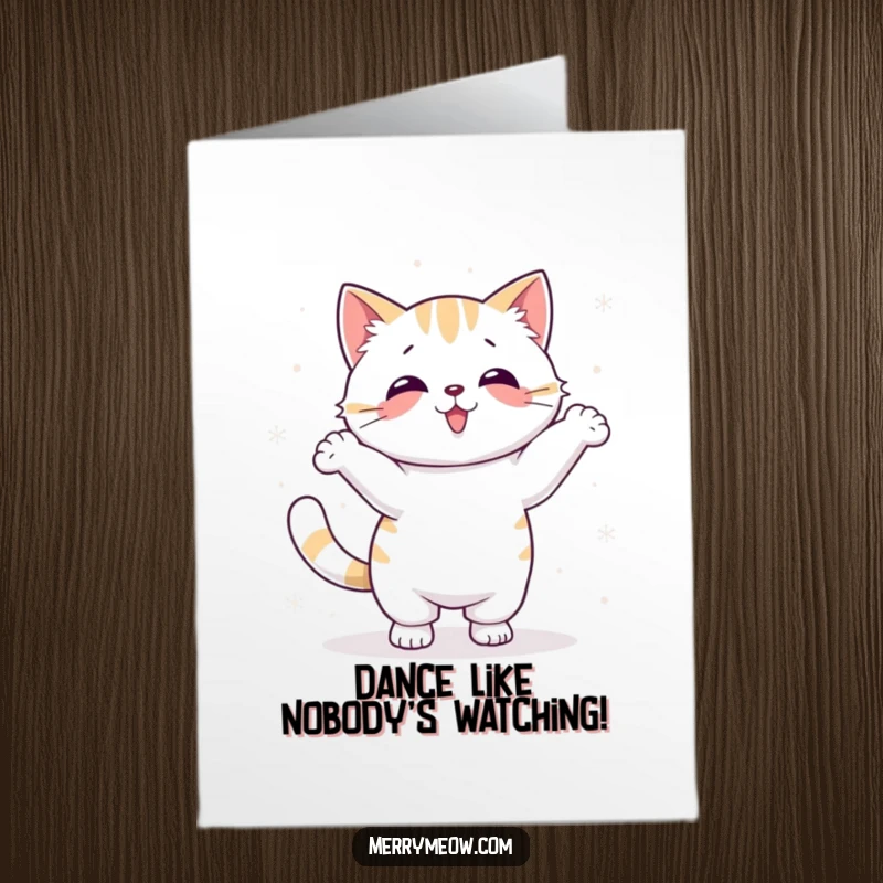 Funny free printable birthday card, a kawaii cat performing a silly dance amidst falling snowflakes, full of winter joy.