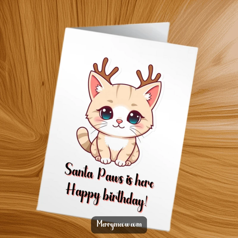 Funny Free Printable Birthday Card: Cute cat wearing tiny reindeer antlers, a humorous holiday twist.
