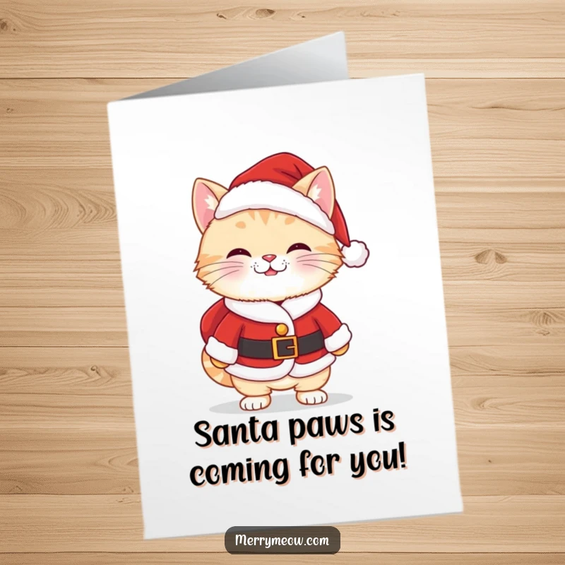 Funny free printable birthday card, a kawaii cat in a Santa suit with a mischievous grin, ready to spread cheer.