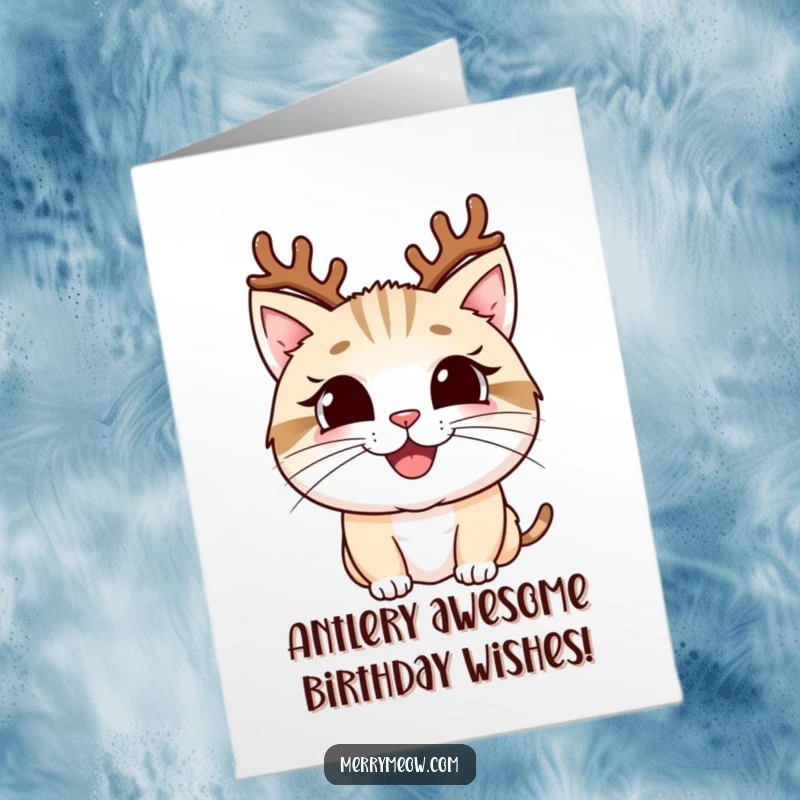 Funny Free Printable Birthday Card: A cheerful cat wearing antlers and a huge grin, ready to celebrate.