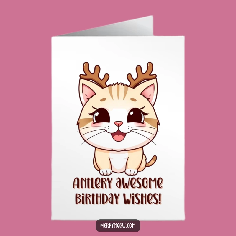 Free Printable Birthday Card: Funny Antler Cat for Joyful Celebrations