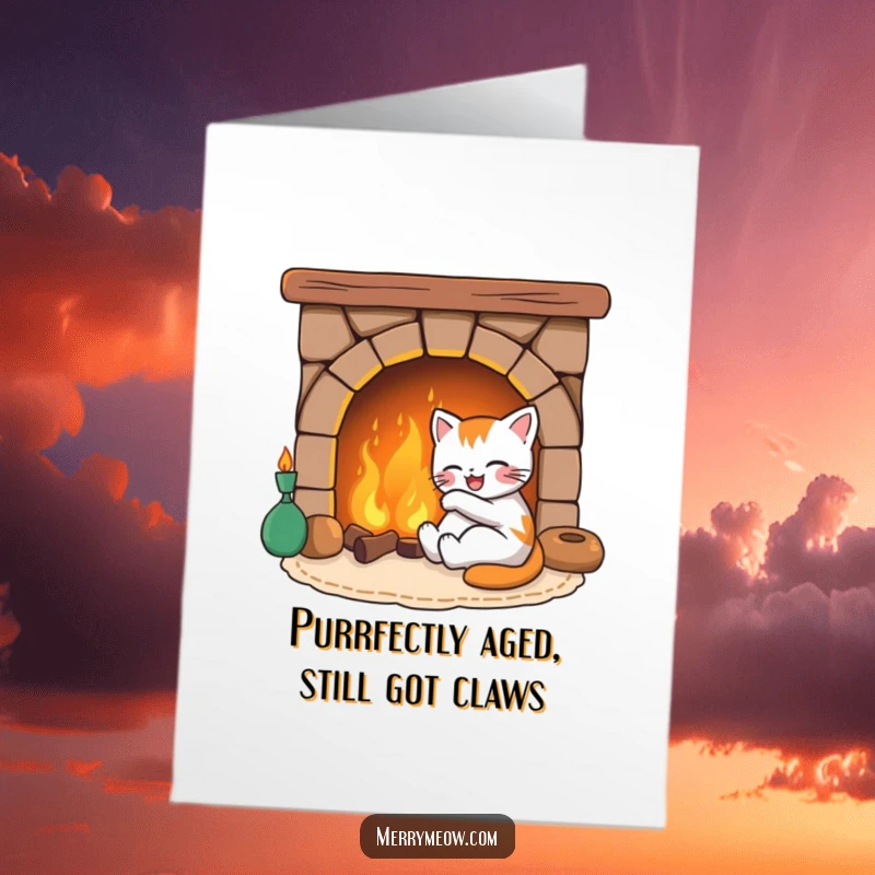 Funny Free Printable Birthday Card: Joyful cat lounging by a crackling fireplace, exuding warmth and happiness.