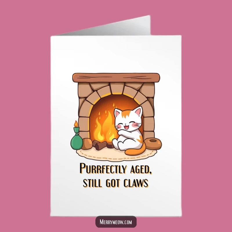 Free Printable Birthday Card: Joyful Cat by Fireplace - Funny Downloadable Gift