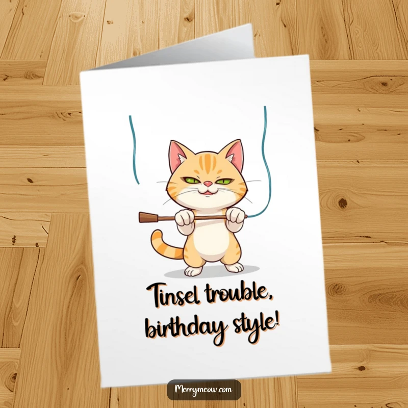 Funny Free Printable Birthday Card: Mischievous cat batting playfully at shiny tinsel, ready for birthday celebrations.