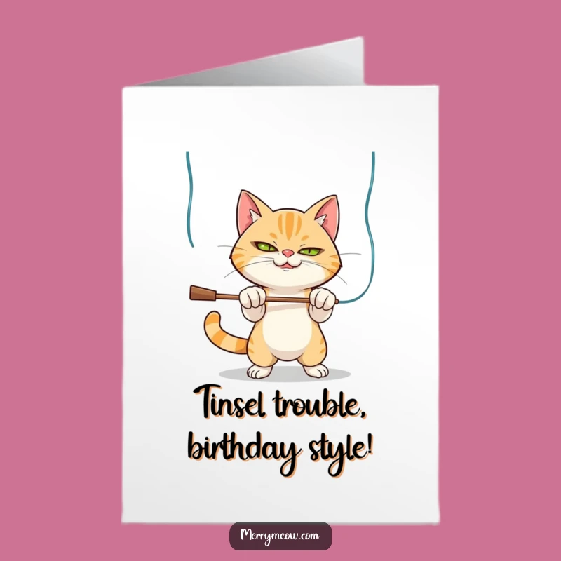 Free Printable Birthday Card: Mischievous Cat with Tinsel, Funny Downloadable Gift!