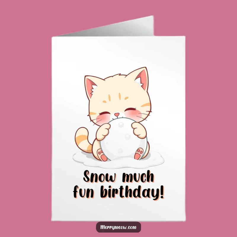 Free Printable Birthday Card: Playful Snowball Cat for Festive Fun