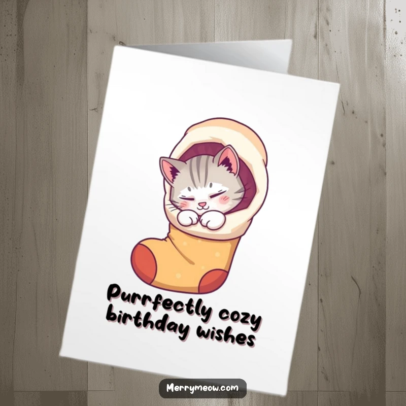 Funny Free Printable Birthday Card: Content purring cat curled inside a whimsical stocking, radiating comfort. Great gift.