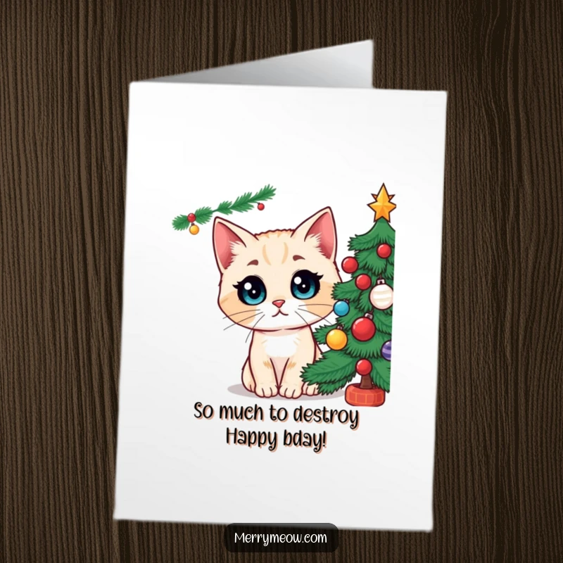 Funny Free Printable Birthday Card: Cat with huge eyes staring at a Christmas tree, a humorous twist.