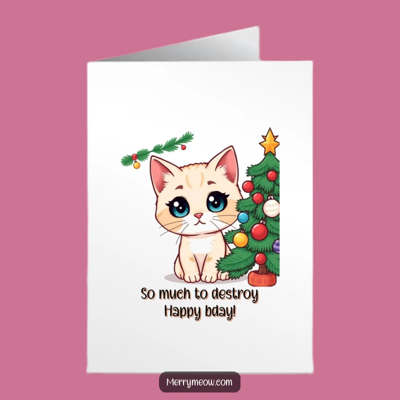 Free Printable Birthday Card: Wide-Eyed Cat at Tree, Funny Holiday Downloadable Gift